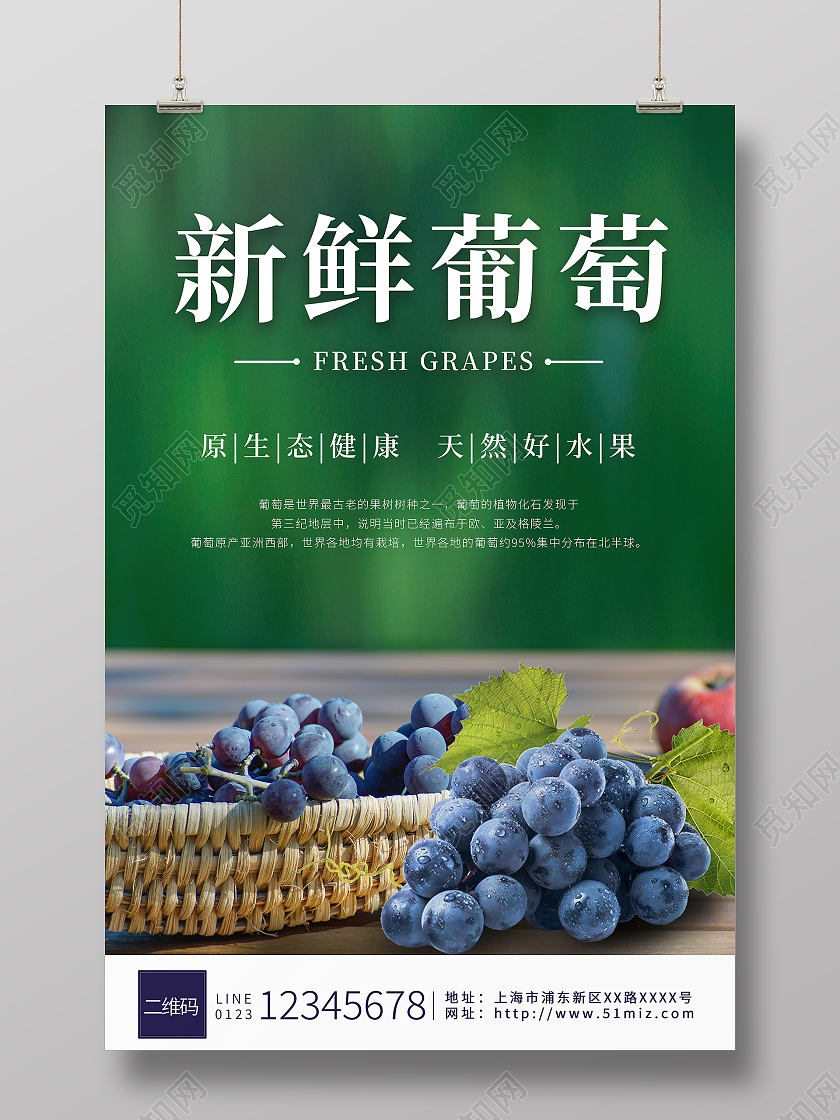 绿色紫色原生态新鲜水果新鲜葡萄海报