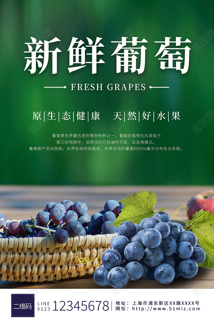 绿色紫色原生态新鲜水果新鲜葡萄海报