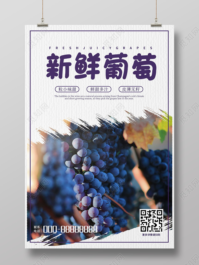 蓝紫色简约新鲜葡萄广告宣传海报水果