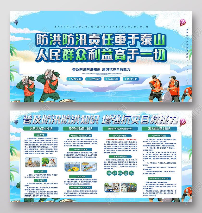 普及防灾减灾知识提高自救互救能力宣传内容型展板洪水如何自救展防洪防汛展板