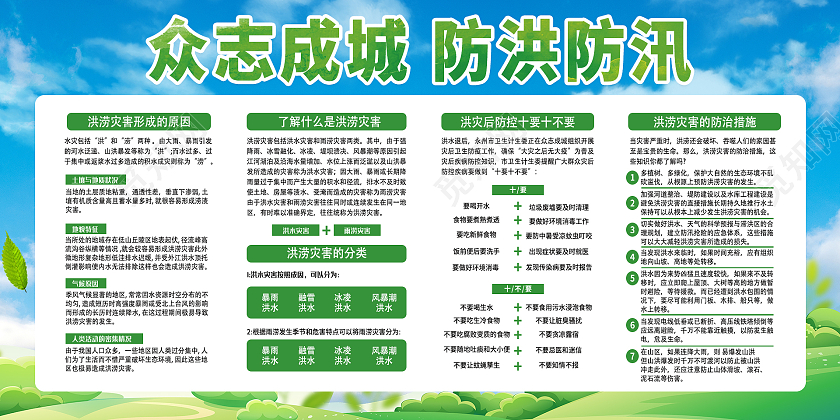 绿色简约大气防洪防汛插画活动展板防洪防汛展板