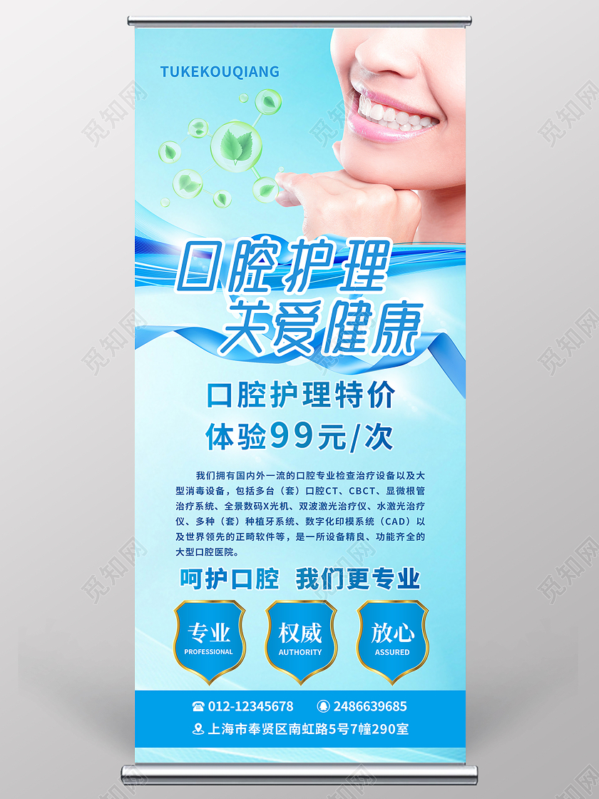 简约大气蓝色系口腔护理关爱健康展架宣传展架