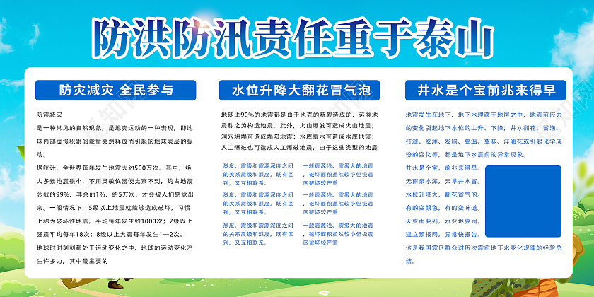 蓝色简约大气插画防洪防汛活动展板防洪防汛展板