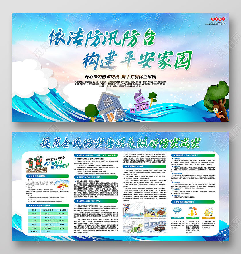 蓝色简约依法防汛防台构建平安家园宣传栏防汛宣传栏