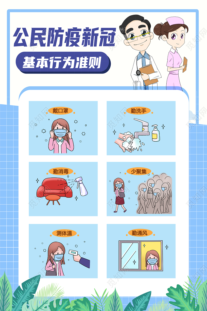 蓝色卡通公民防疫新冠基本行为准则疫情防疫模板海报
