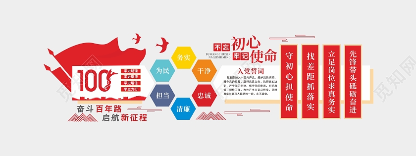 红色党政建党100周年不忘初心起航新征程入党誓词党建文化墙