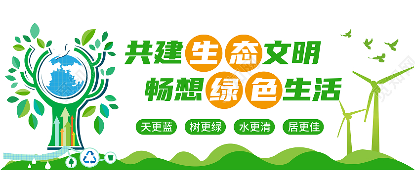 绿色卡通共建生态文明畅想绿色生活文化墙文明城市文化墙