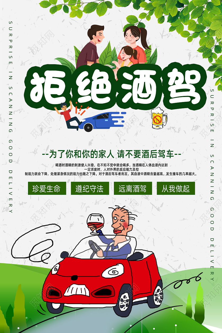 白色简约手绘卡通创意拒绝酒驾海报