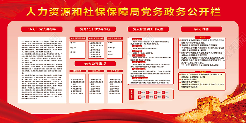 红色大气人力资源和社保保障局党务政务公开栏宣传展板