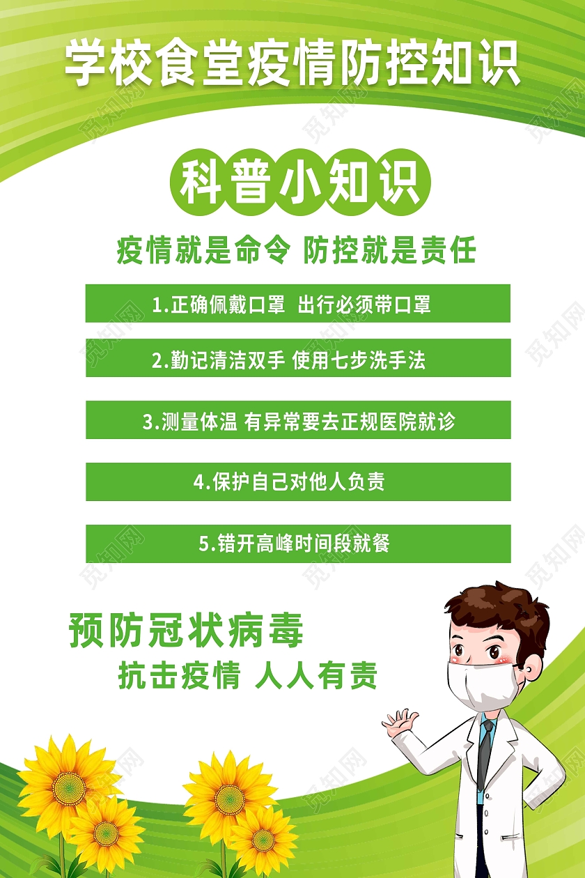绿色卡通学校食堂疫情防控知识疫情模板海报