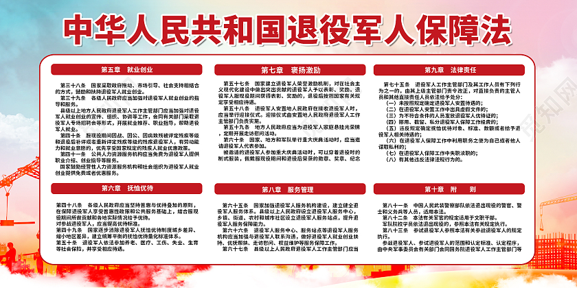 红色简约时尚大气退伍军人保障展板退伍军人保障法展板