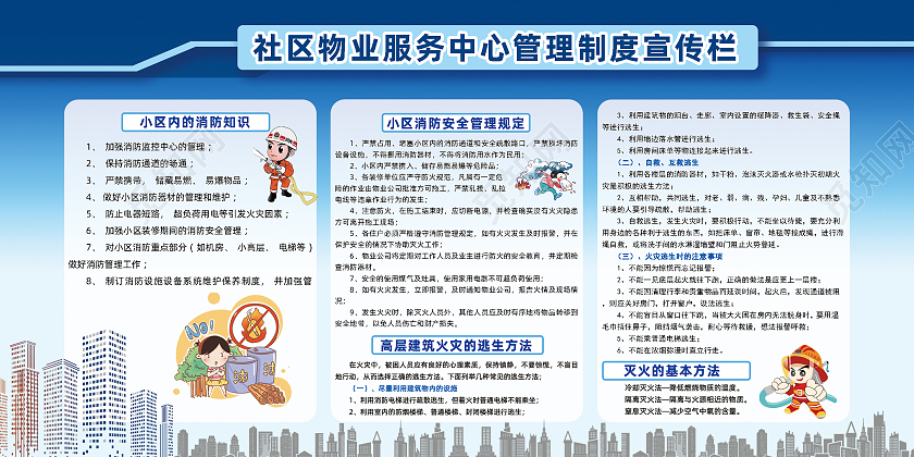 蓝色简约卡通漫画消防知识社区宣传栏展板