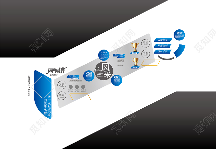 蓝色矢量几何同舟共济公司文化墙企业文化墙