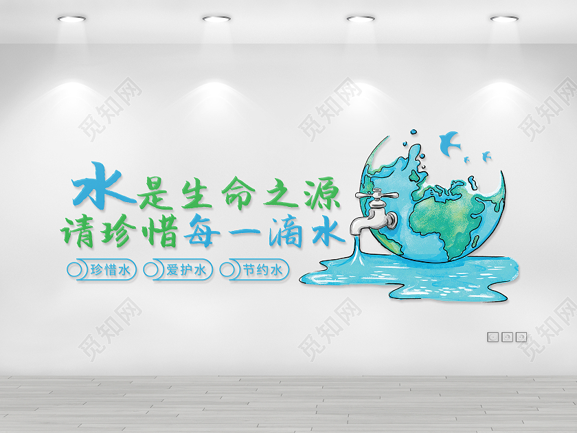 简约蓝绿色地球节约水资源矢量宣传文化墙节约用水文化墙