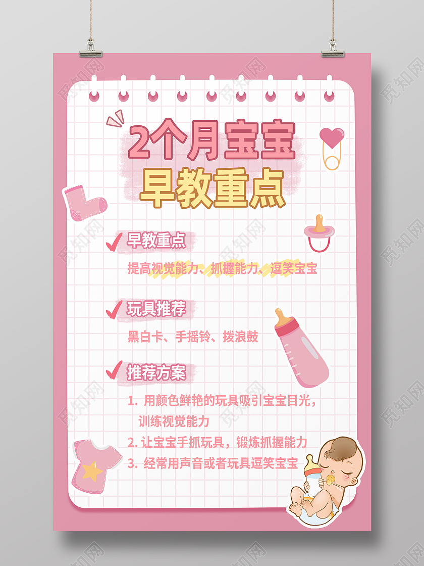 粉色简约2个月宝宝早教重点科普海报