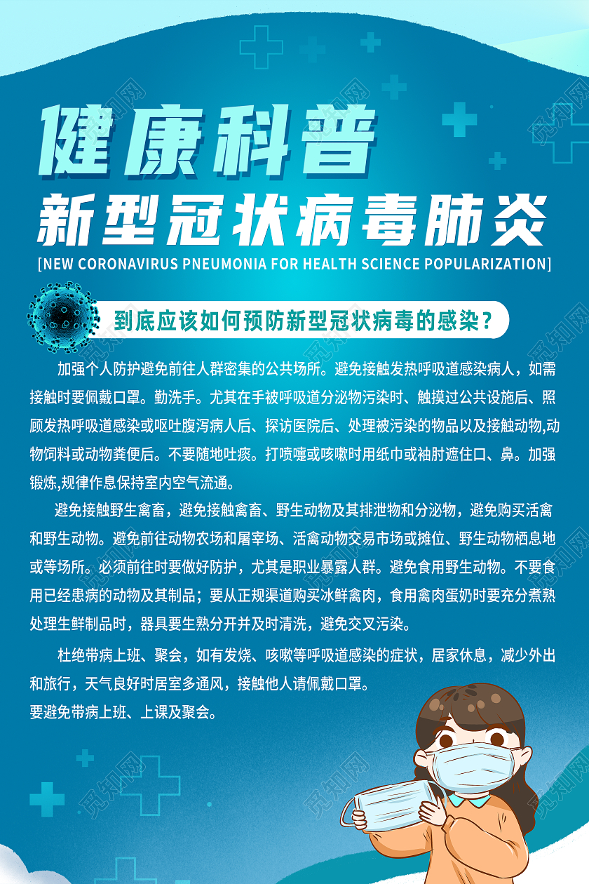 蓝色卡通健康科普新型冠状病毒肺炎科普海报