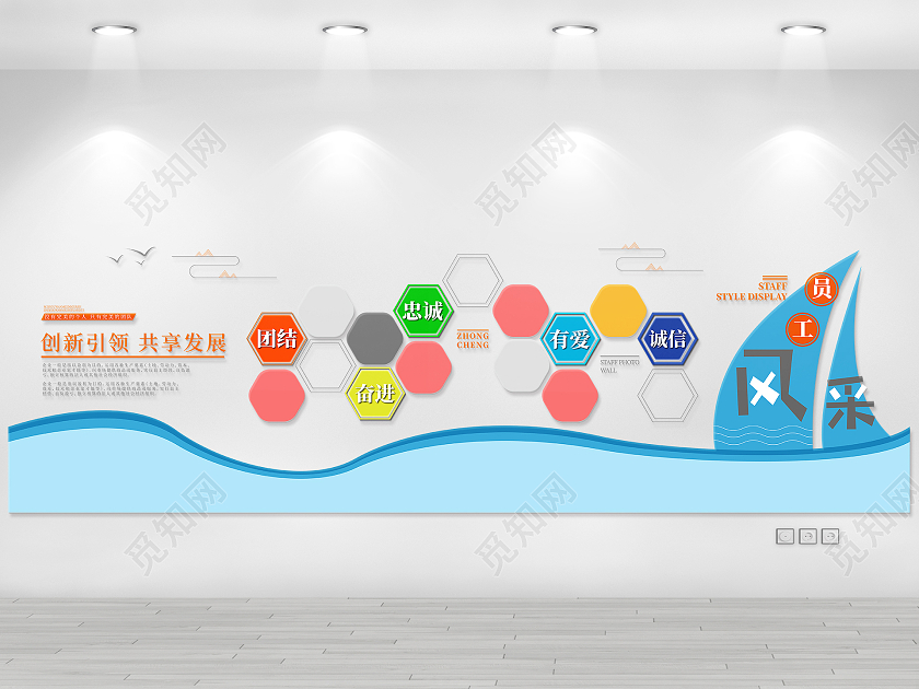 蓝色简约风创新引领共享发展企业文化文化墙企业文化墙