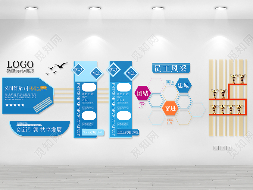 蓝色简约风创新引领共享发展企业文化墙