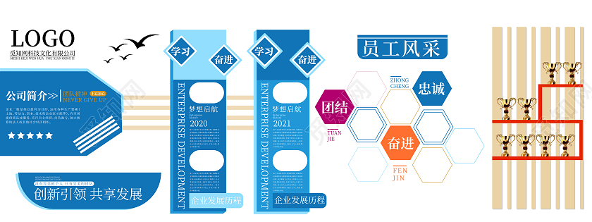 蓝色简约风创新引领共享发展企业文化墙