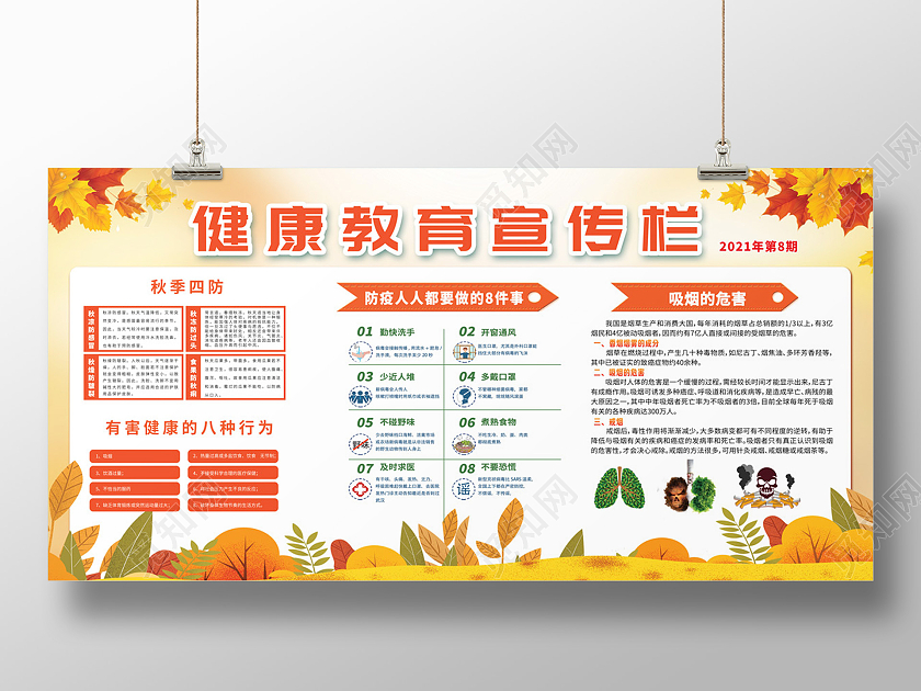 黄色秋天秋季健康教育宣传栏展板宣传