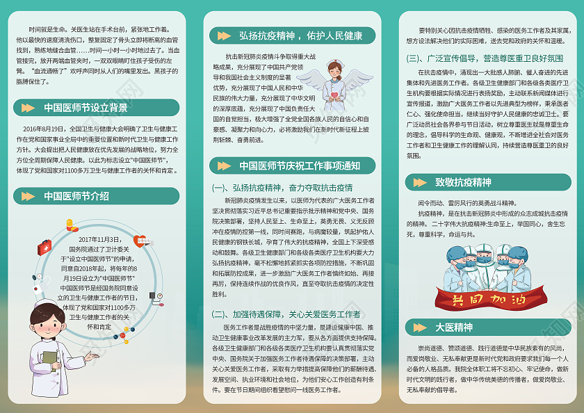 绿色卡通2021年中国医师节三折页中国医师节折页
