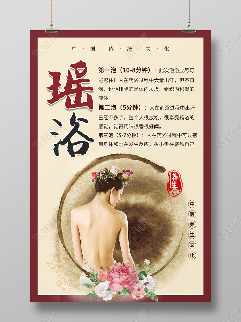 红色复古瑶浴养生文化宣传海报模板