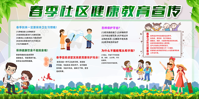 绿色简约手绘卡通春季健康社区宣传栏展板