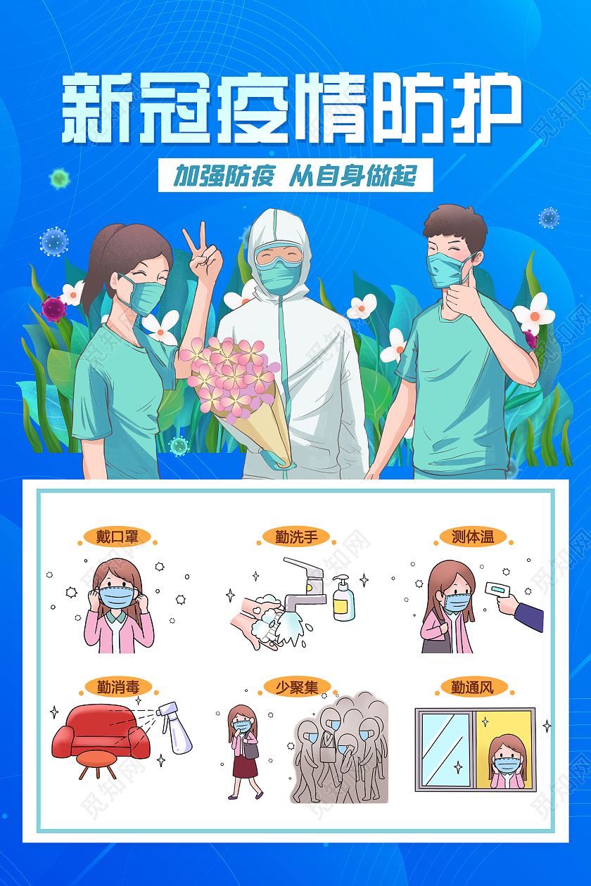 蓝色插画新冠疫情防护宣传海报防疫模板