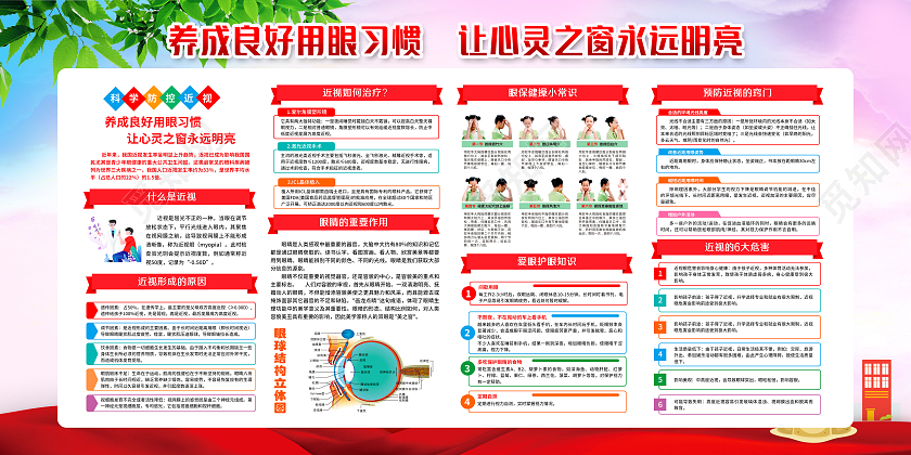 水彩渐变风格预防近视知识宣传展板预防近视宣传栏