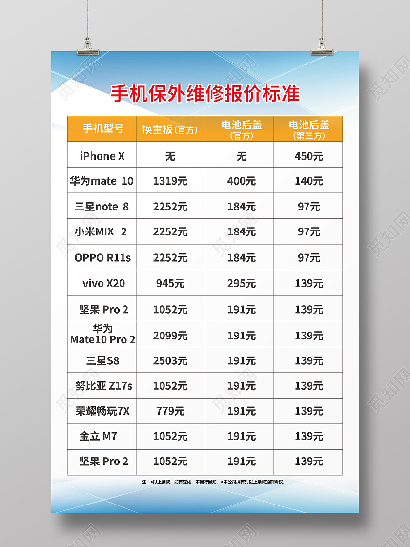 蓝色简约手机维修价格表海报宣传单模板