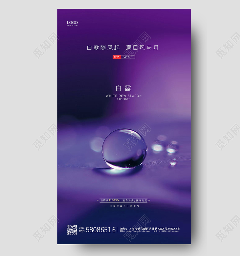 紫色简约大气二十四节气白露ui手机海报设计