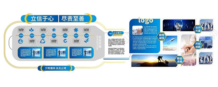 蓝色简洁大气立信于心尽责至善企业文化墙设计文化墙模板