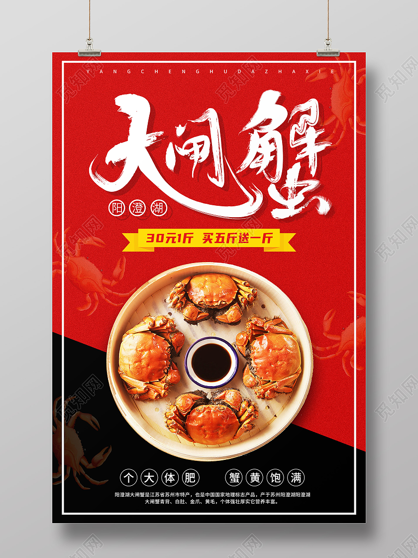 红色简约阳澄湖大闸蟹美食大闸蟹海报
