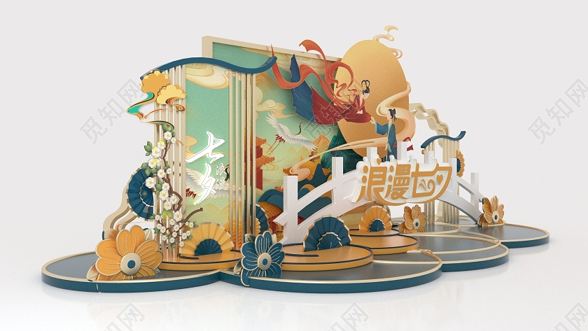 国潮C4D中国风七夕情人节美陈七夕美陈