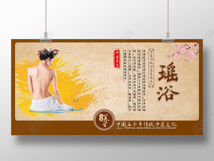 黄色复古瑶浴项目简介中医养生展板