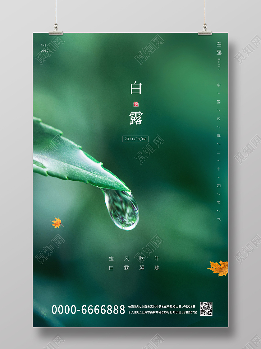 绿色意境风格水滴白露节气传统二十四节气宣传海报白露ui手机白露ui手机海报