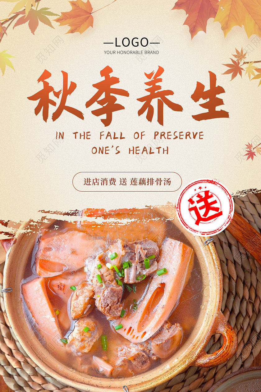 秋天食补秋季养生海报叶子莲藕汤