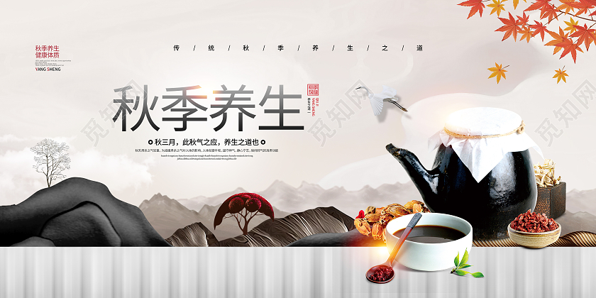 中国风简约秋季养生之道宣传展板设计