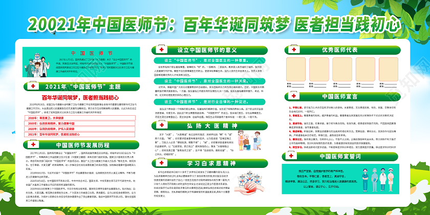 绿色小清新2021年中国医师节绿色草地蓝天白云宣传展板中国医师节宣传栏