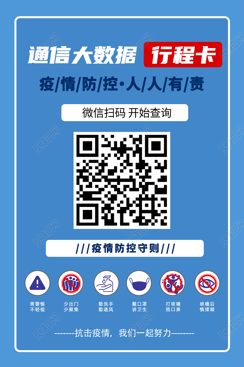 蓝色简约通信大数据行程卡扫码疫情防控海报宣传行程码海行程码海报