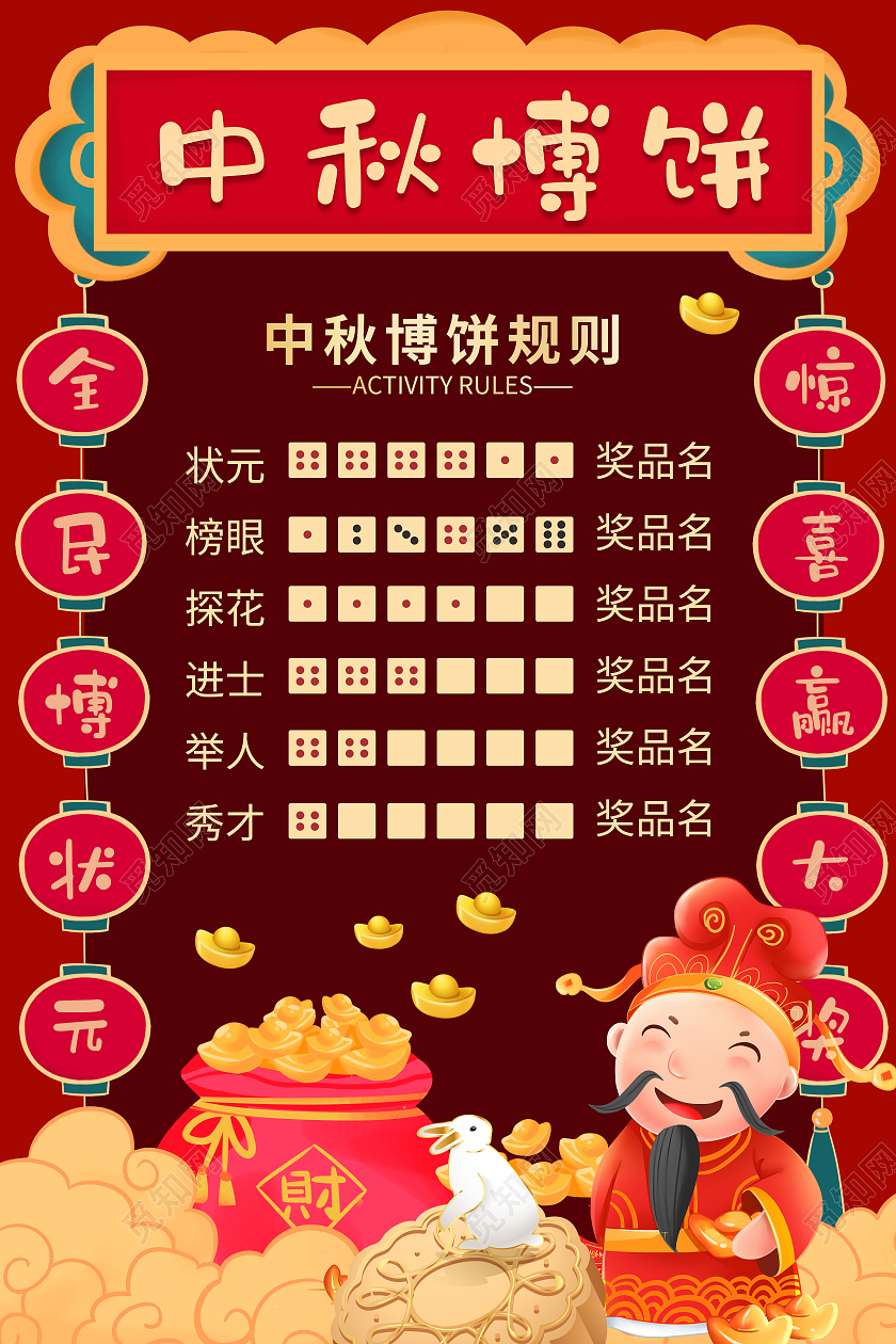 国潮中国风中秋博饼财神爷月饼兔子海报