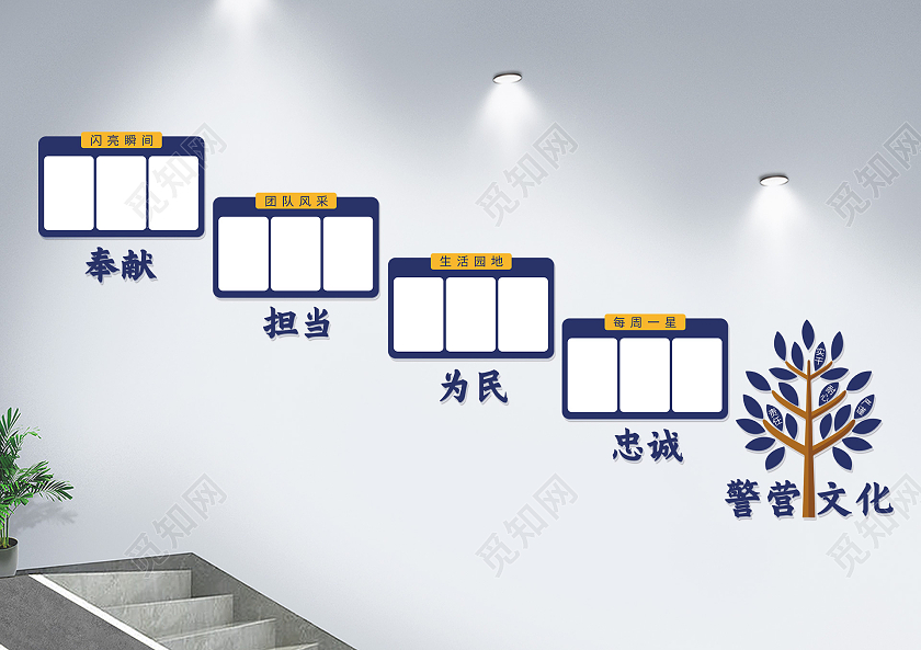 蓝色剪纸忠诚为民担当奉献警营文化文化墙楼梯文化墙