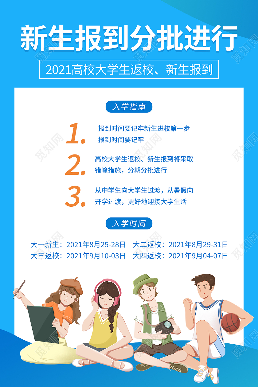 蓝色卡通清新大气新生报到分批进行开学新生报到海报设计