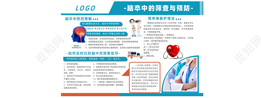 蓝色简约风脑卒中的筛查与预防医疗文化墙