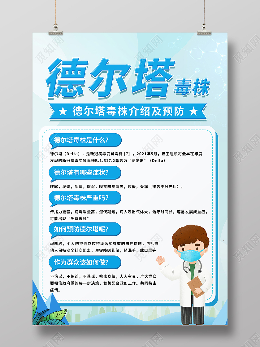 蓝色简约预防德尔塔海报预防疫情海报