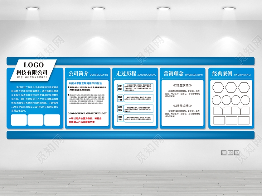 蓝色简约企业墙企业文化墙公司简介墙公司展板背景墙企业模板