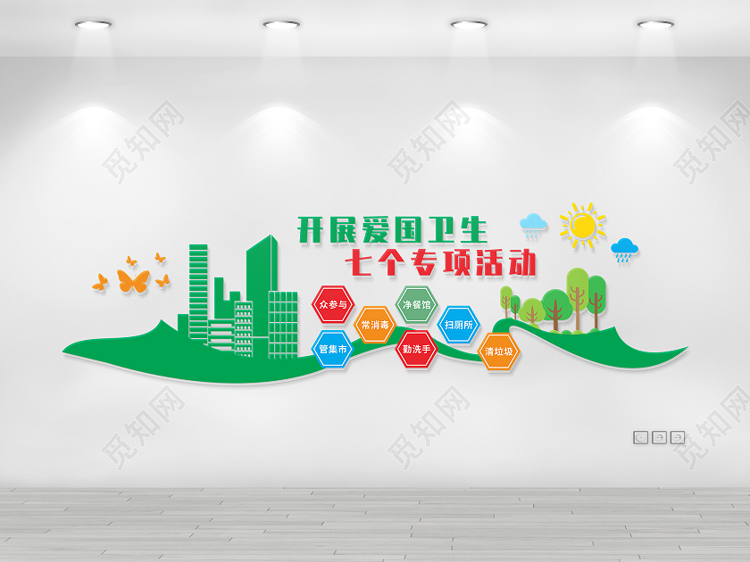 绿色文明城市勤洗手清垃圾常消毒爱国卫生七个专项行动文化墙