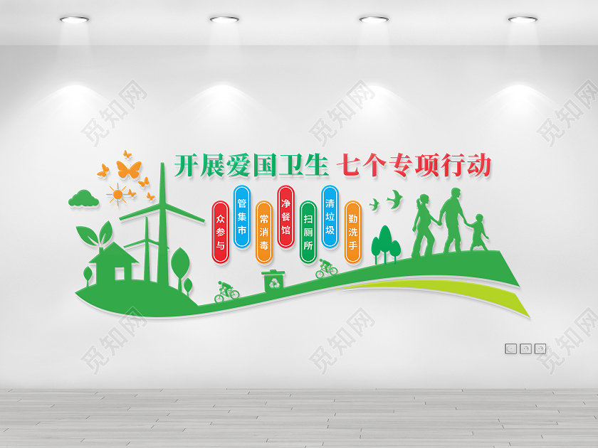 绿色城市环境保护关心家人常消毒清垃圾爱国卫生七个专项行动文化墙