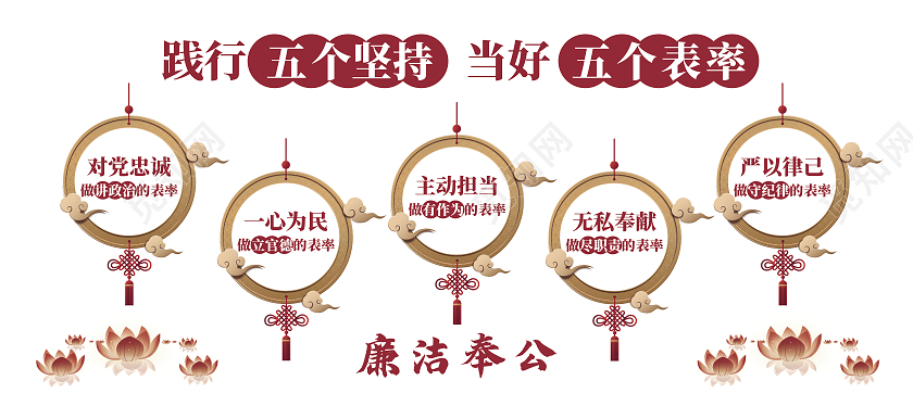 红色国风践行五个坚持当好五个表率文化墙廉洁文化墙