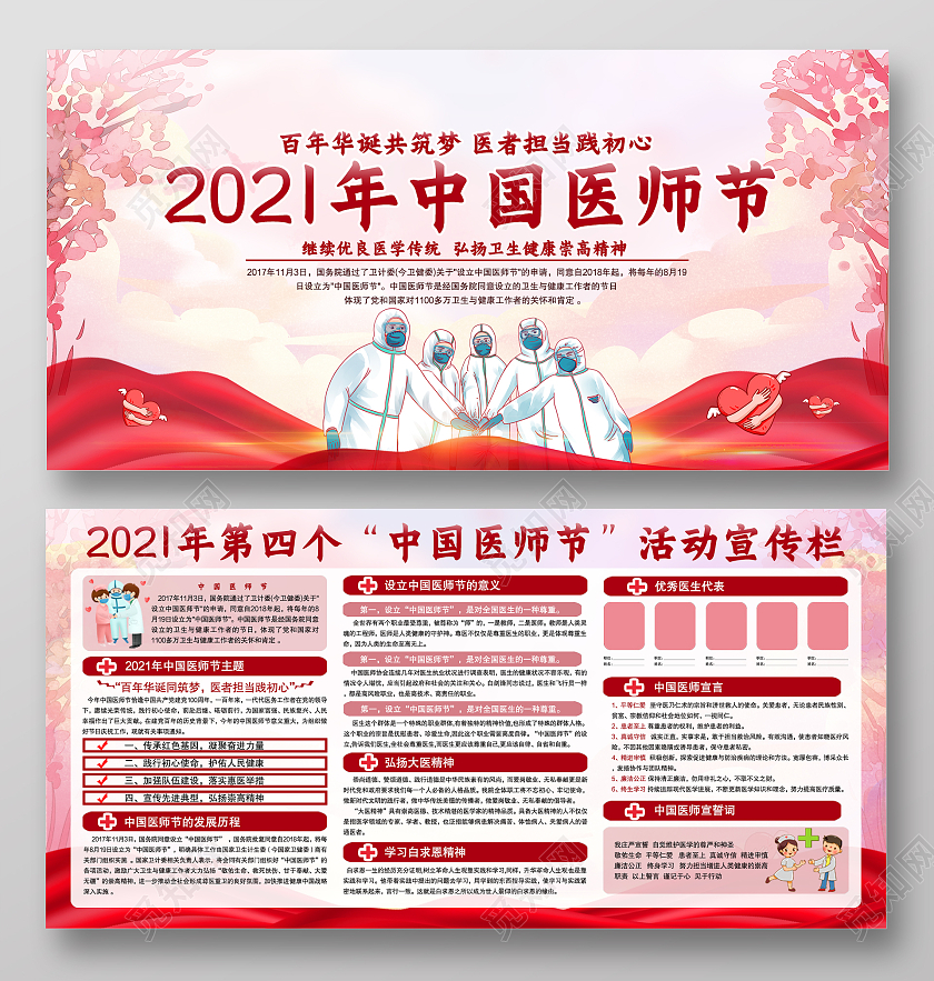 红色卡通中国医师节宣传展板宣传栏中国医师节宣传栏